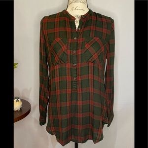 Lucky Brand Soft Green Red Buffalo Plaid Button Front Long Sleeve Tunic Fall Top